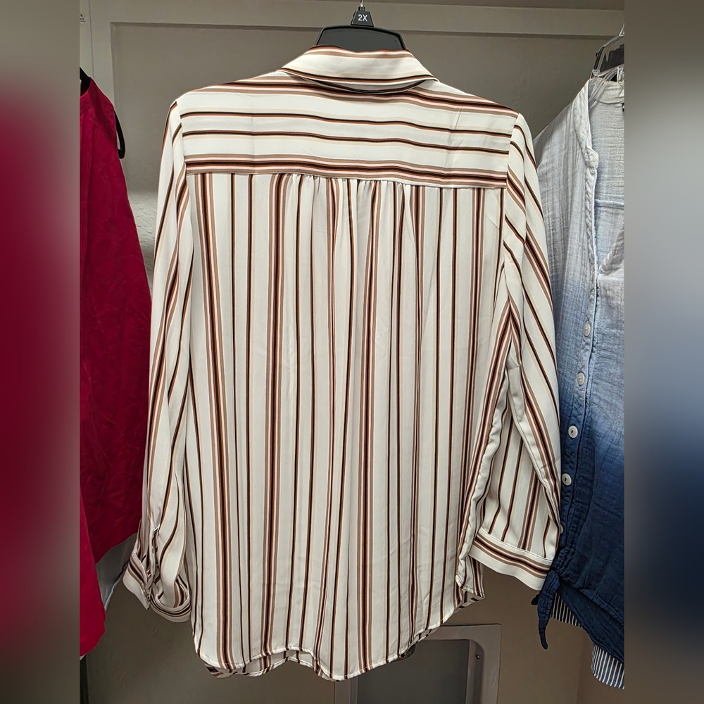 Ann Taylor Factory White and Brown Striped Casual Button Down Shirt LP - Picture 2 of 8